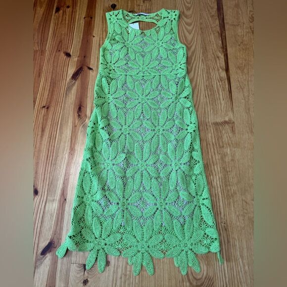 ZARA NWT lime green knit macrame crochet knee midi lined summer dress SIZE M - Picture 5 of 15